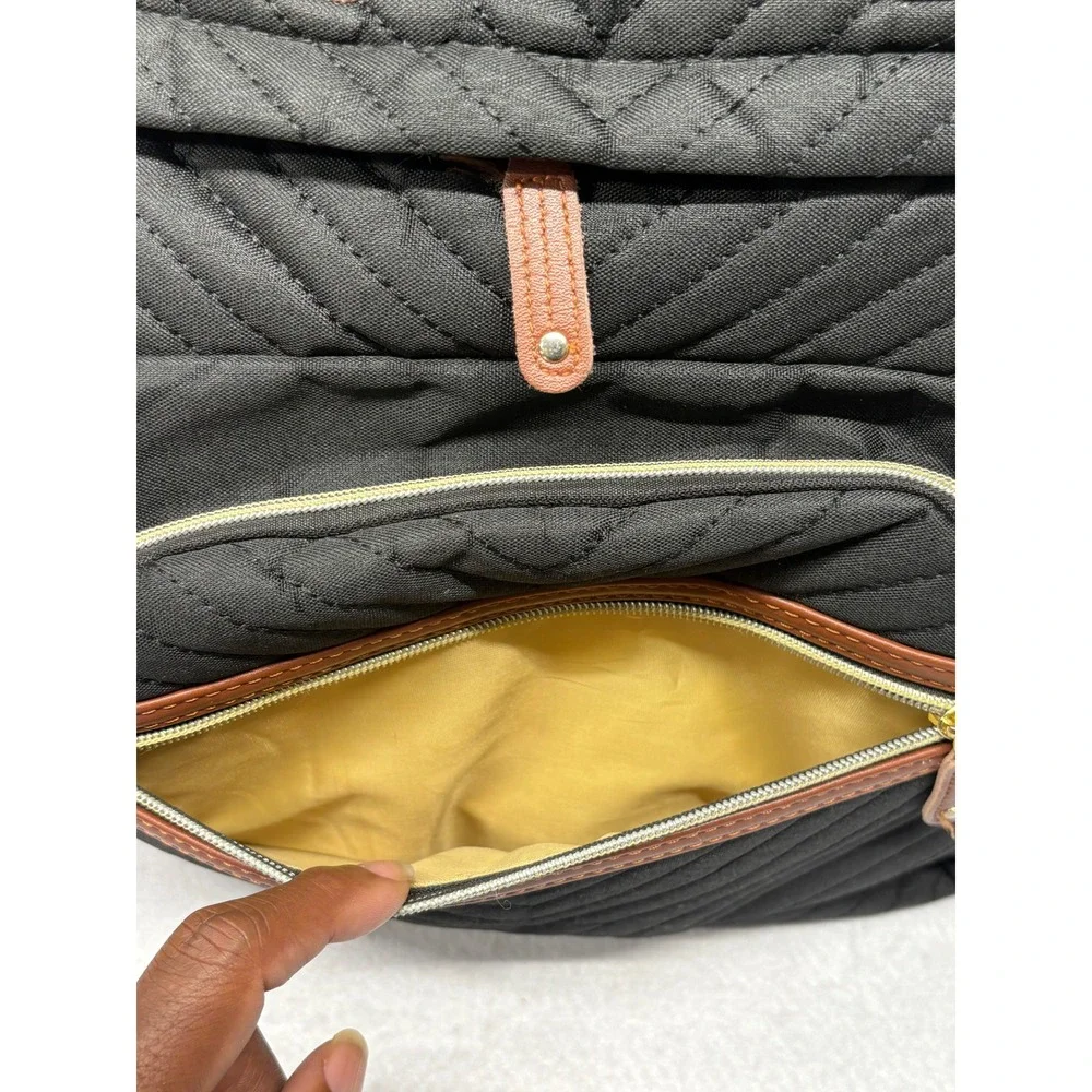 Black Quilted Diaper Bag Backpack with Brown Trim and Gold Hardware